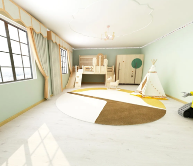 Bedroom scandinavian kids room with light curtains minimalist & cozy design
