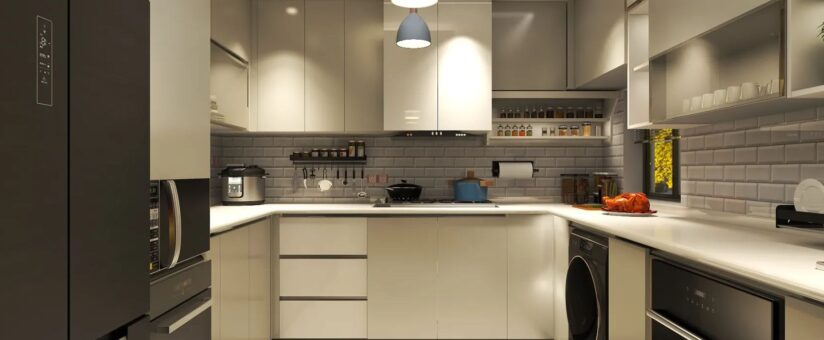 Kitchen minimalist modern design with neutral tones, cabinets, contrast black appliances and elegant