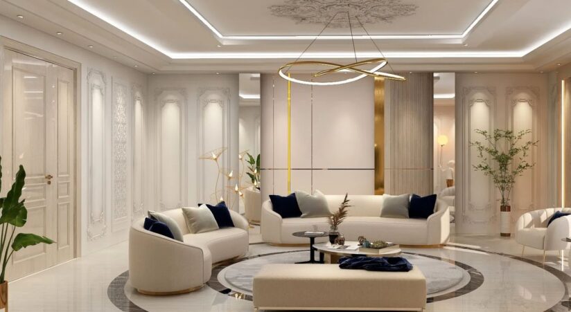 Living room modern luxury with a white and beige sofas chairs, deep blue grey cushions adn light circular rug elegance sophistication in design