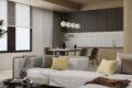 Living room modern minimalist studio inspired with gray l shaped sofa, colorful cushions, geometric rug studio-inspired and