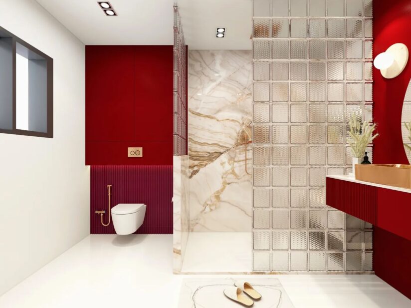 Modern Red Bathroom Ideas With Minimalist Decorating Style, Luxurious Elements, And Red Decorative Panels