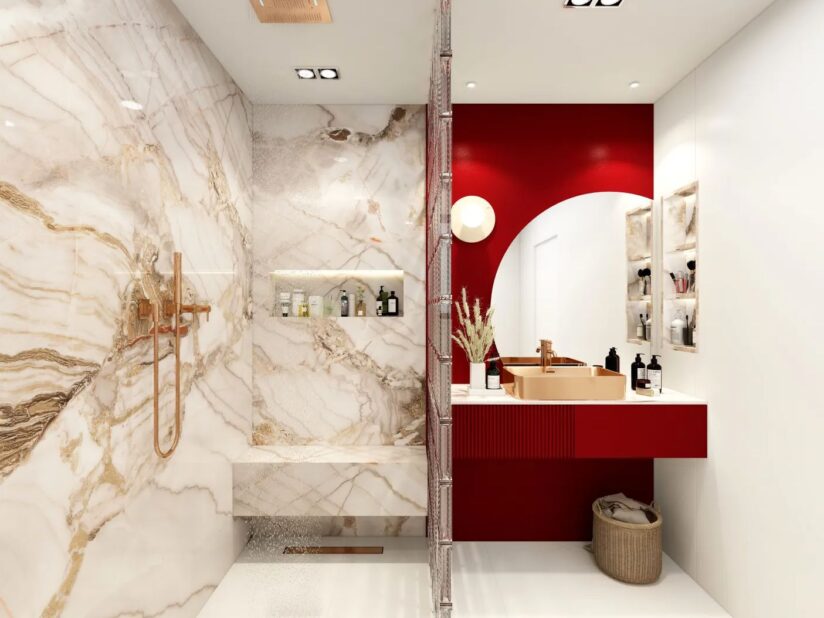 Modern Red Bathroom Ideas With Vanity, Marble Textured Walls