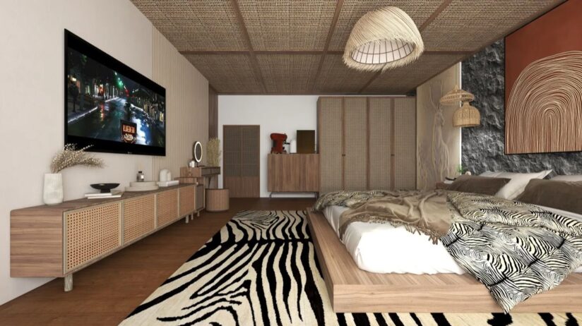 Nature Inspired Modern Bedroom With Wooden Textures And Zebra Striped Rug